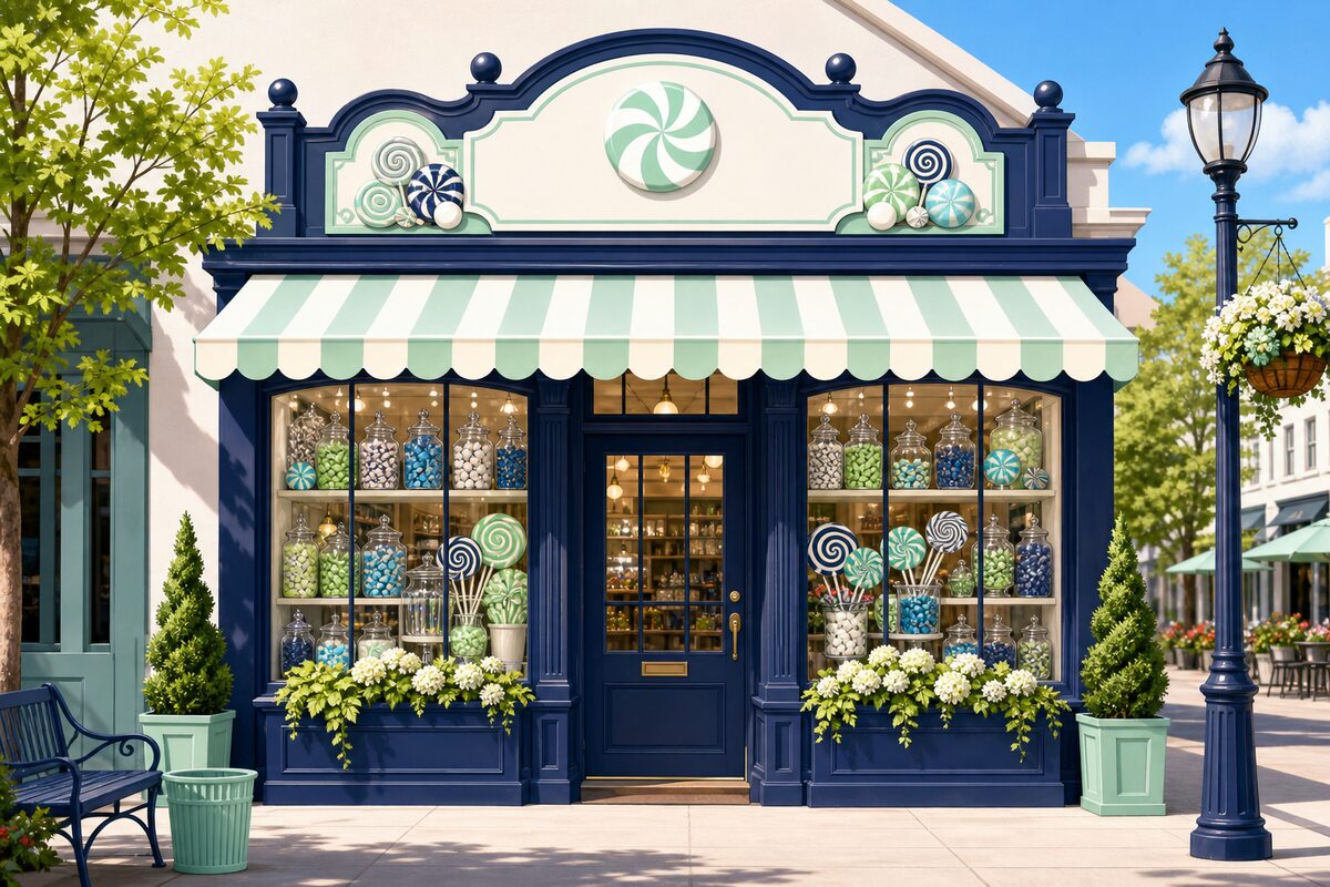 Colorful candy shop storefront with inviting bright sign and candy jars